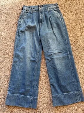 GAP Women's Wide Leg Pleated Trouser Jeans - Medium Blue Denim